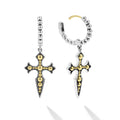 two-tone beaded drop hoop earrings with gold and silver cross dangle
