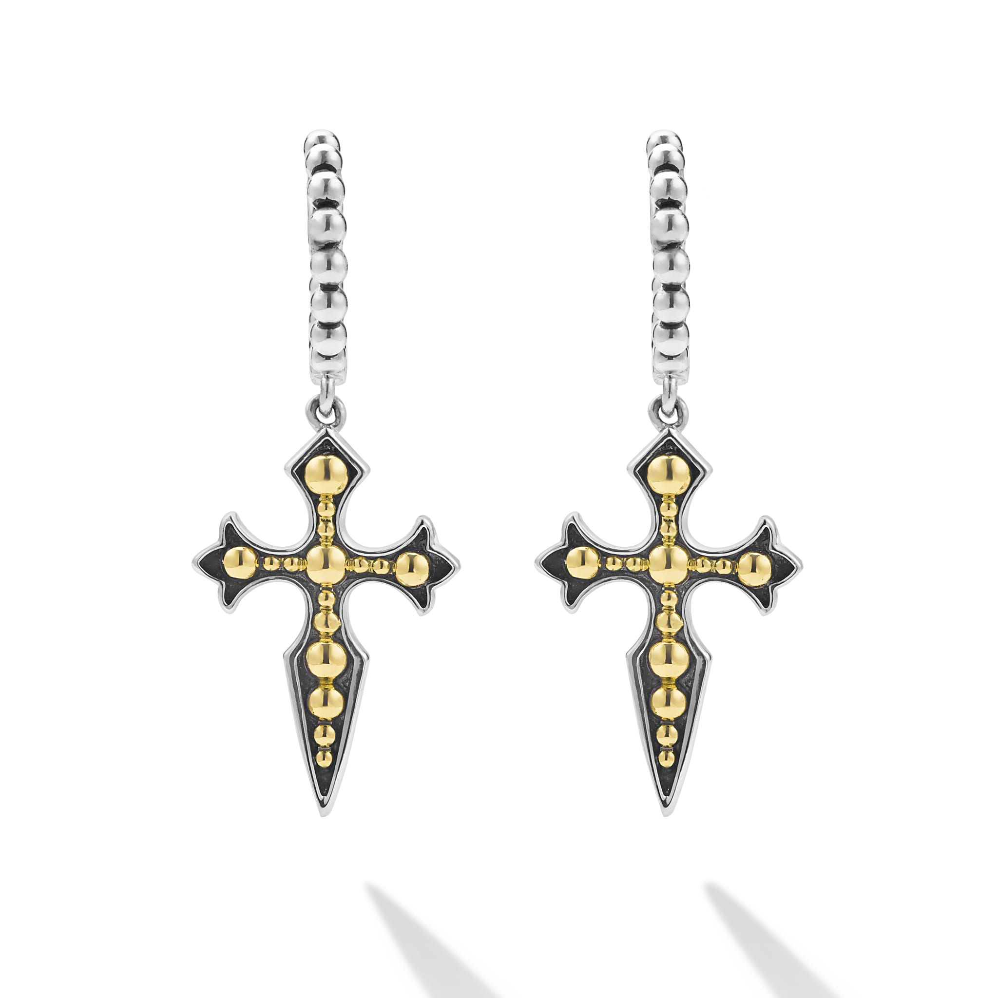 two-tone beaded drop hoop earrings with gold and silver cross dangle