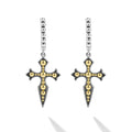 two-tone beaded drop hoop earrings with gold and silver cross dangle