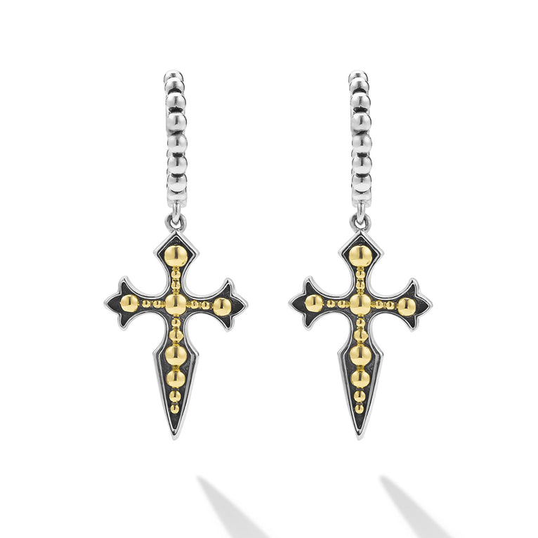 two-tone beaded drop hoop earrings with gold and silver cross dangle