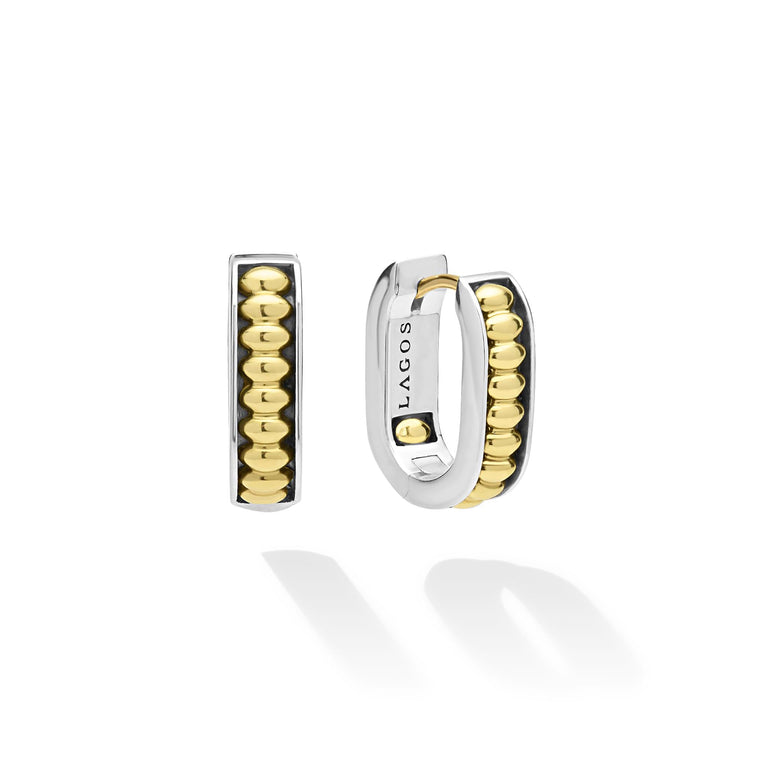 side of everyday gold beaded with sterling silver huggie earrings 