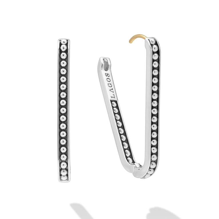 Signature Caviar Large Sterling Silver Beaded Linear Hoop Earrings