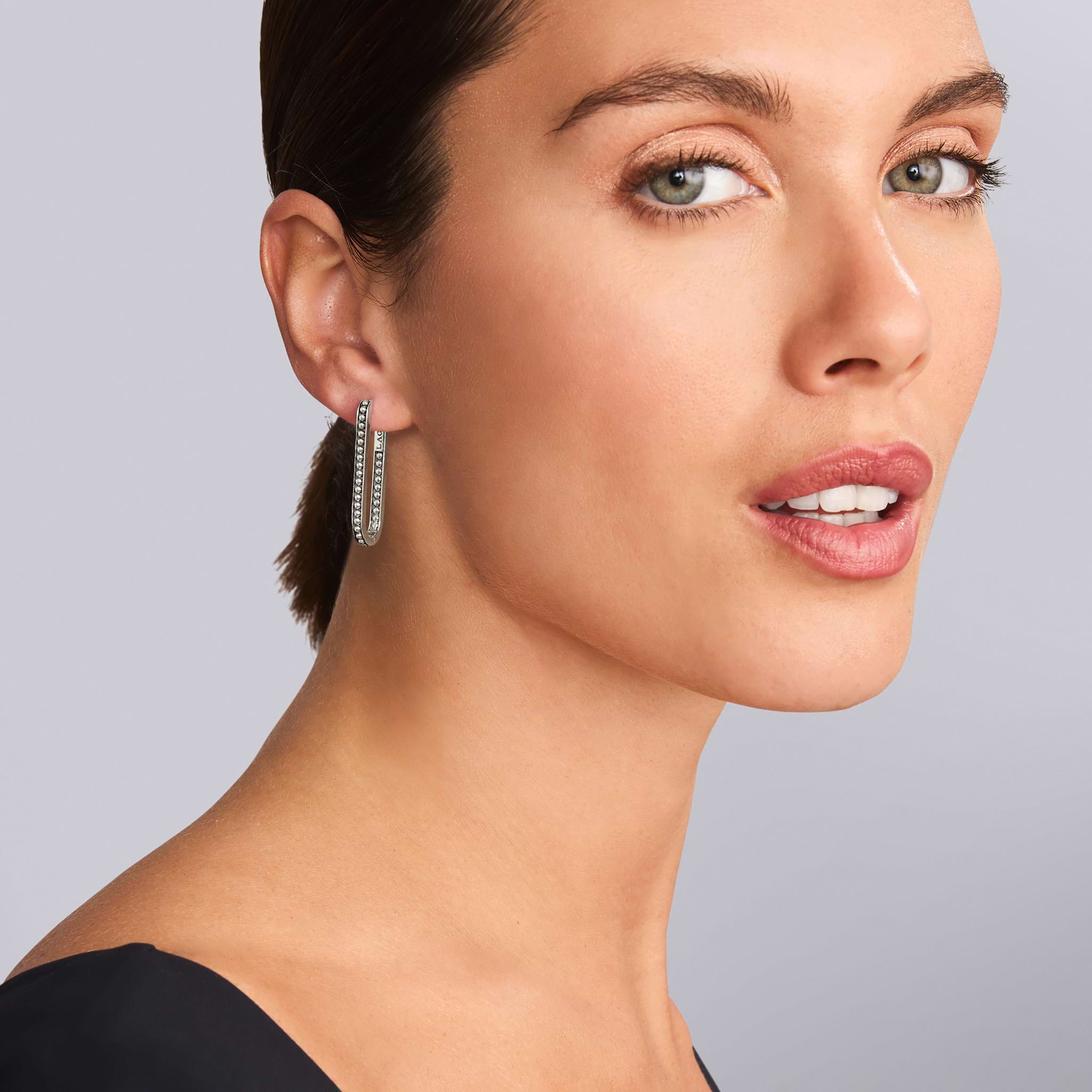 Signature Caviar Large Sterling Silver Beaded Linear Hoop Earrings
