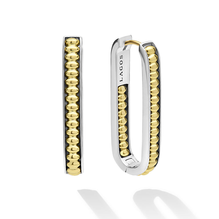 side of large sized everyday gold beaded with sterling silver hoop earrings 