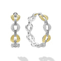 side of sterling silver beaded link hoop earrings with gold and diamonds