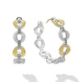 opened sterling silver beaded link hoop earrings with gold and diamonds