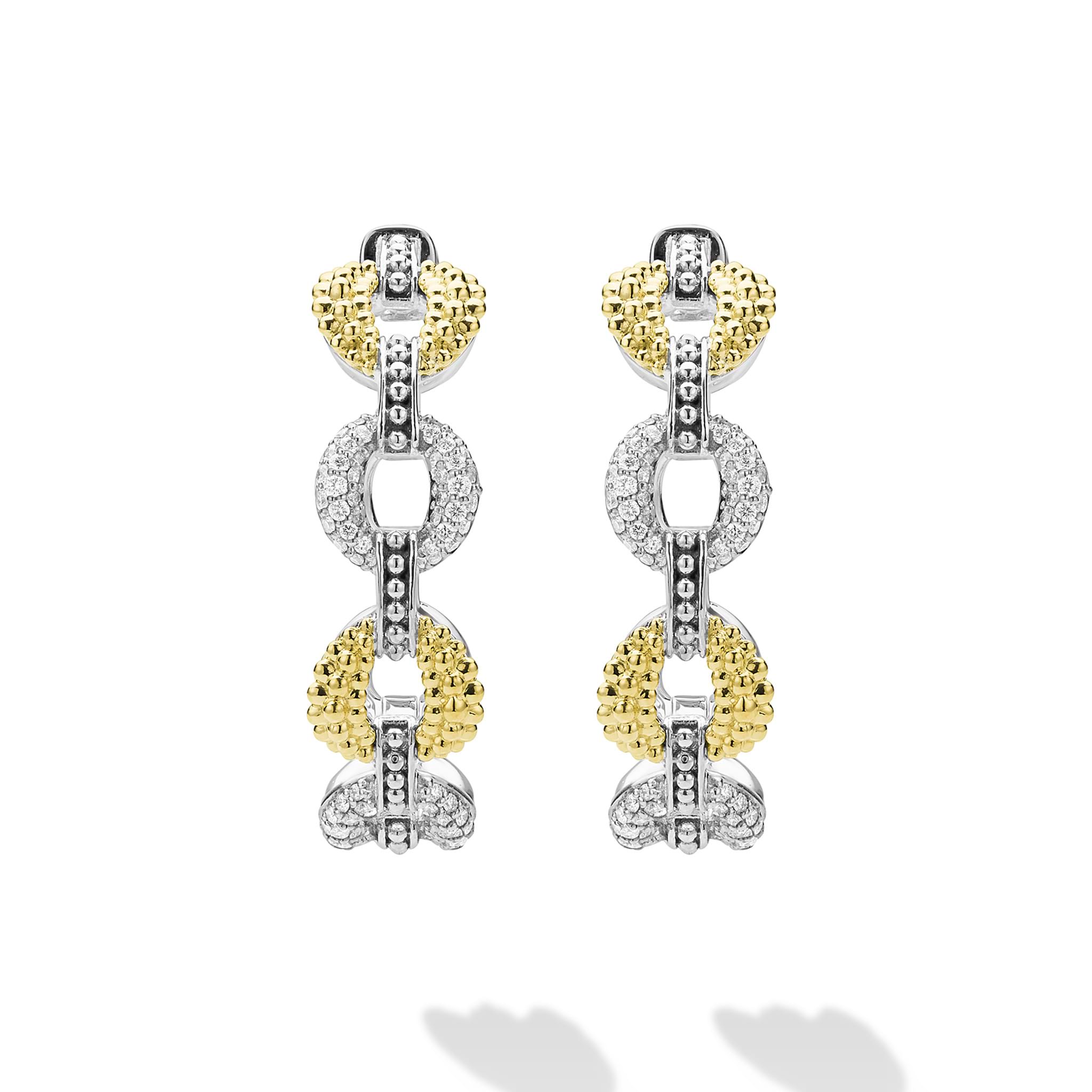 front of sterling silver beaded link hoop earrings with gold and diamonds