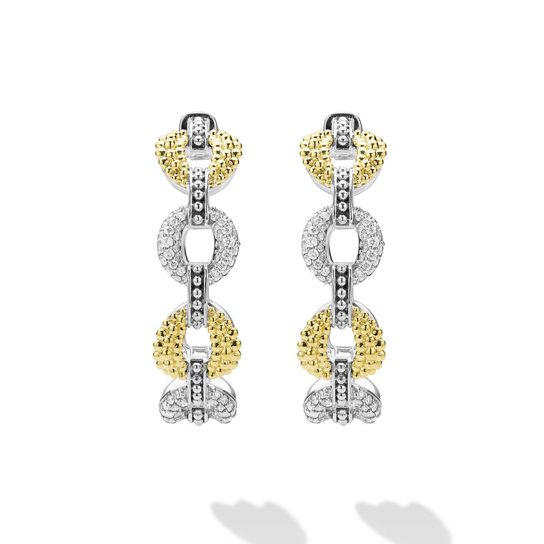 front of sterling silver beaded link hoop earrings with gold and diamonds