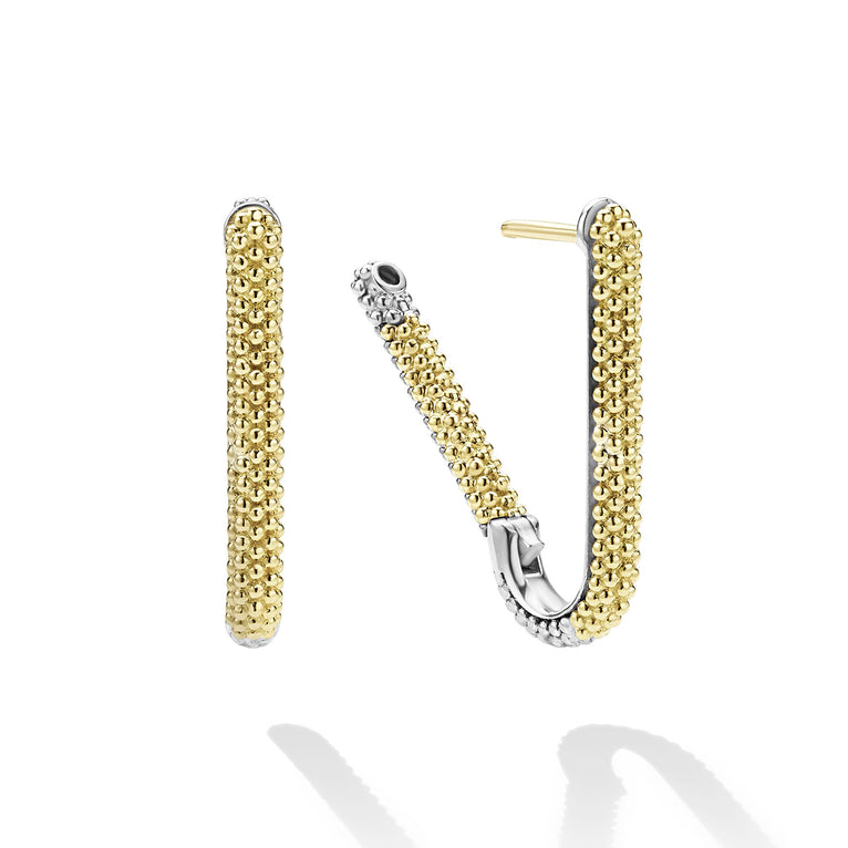 Caviar Lux Two-Tone Mini Caviar Hoop Earrings feature gold-tone beading on polished silver, showcasing LAGOS elegance and craftsmanship in a refined, modern design.
