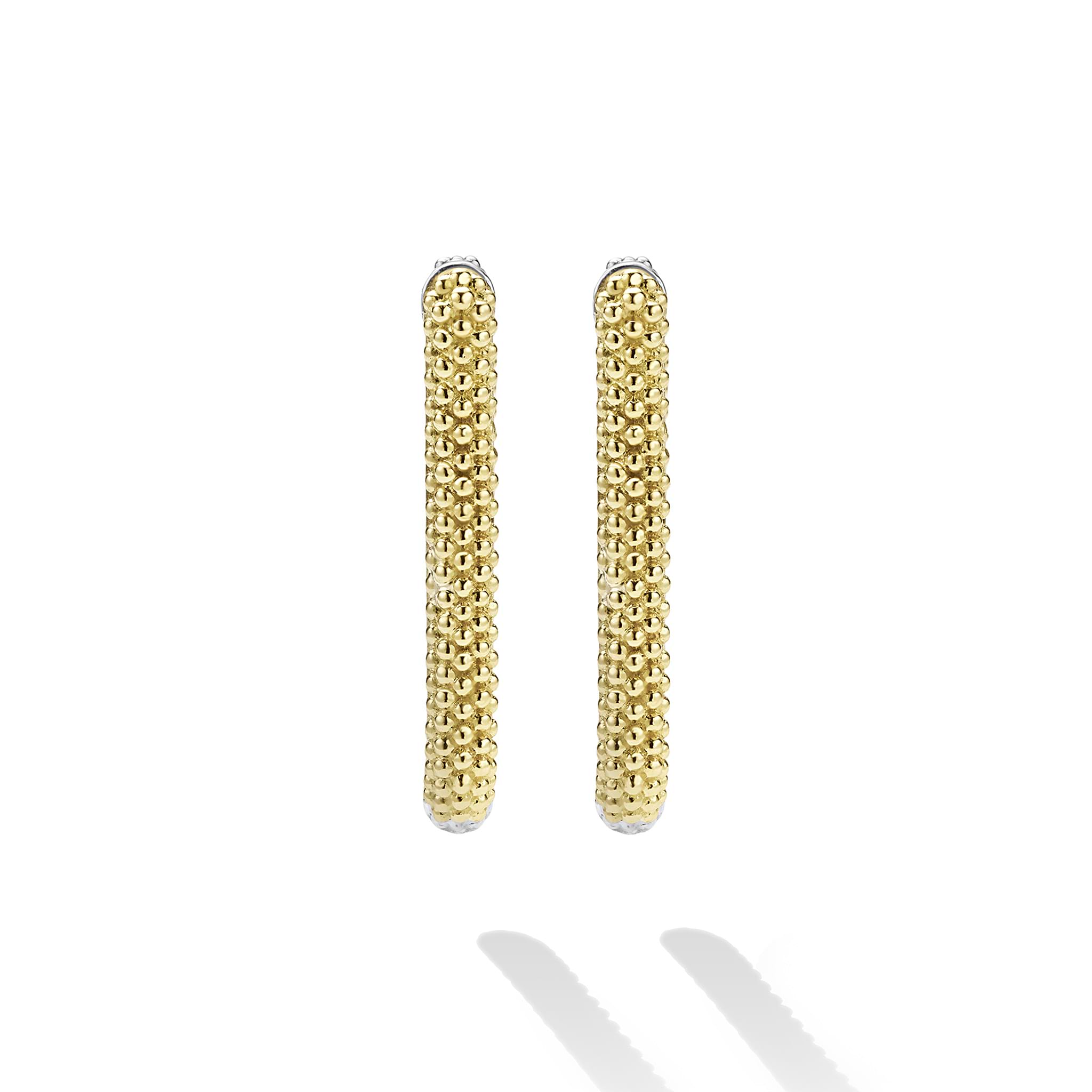 Caviar Lux Two-Tone Mini Caviar Hoop Earrings with polished beaded gold-tone bars and silver posts, showcasing refined shine and modern elegance.