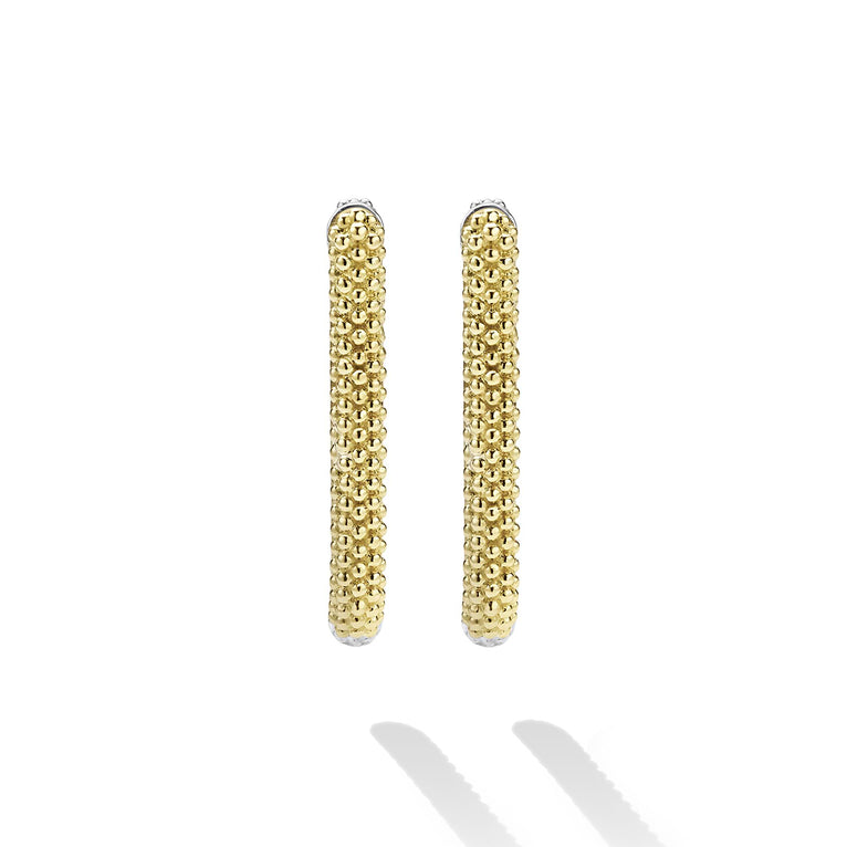 Caviar Lux Two-Tone Mini Caviar Hoop Earrings with polished beaded gold-tone bars and silver posts, showcasing refined shine and modern elegance.