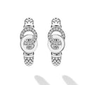 Signature Caviar Silver Interlocking Diamond Hoop Earrings feature two interlocking oval loops with polished and crystal-set textures, suspended from a beaded hinge.