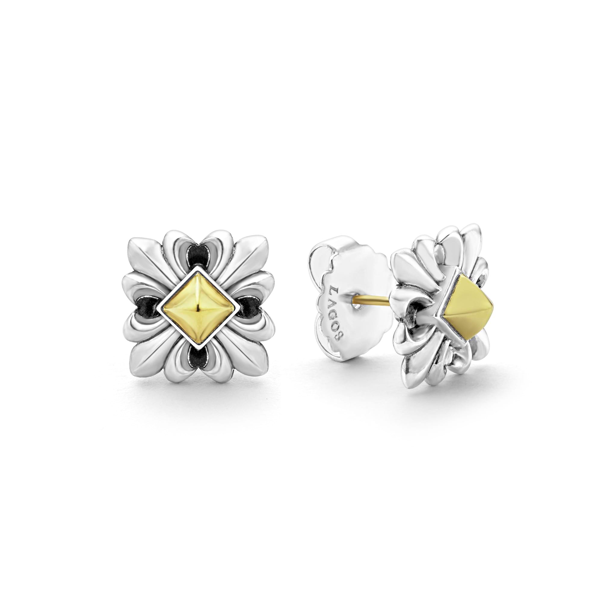 sterling silver and 18K gold stud earrings with pyramid center