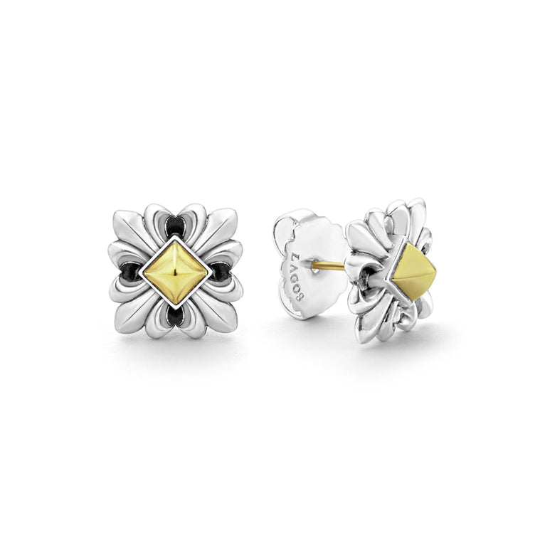 sterling silver and 18K gold stud earrings with pyramid center