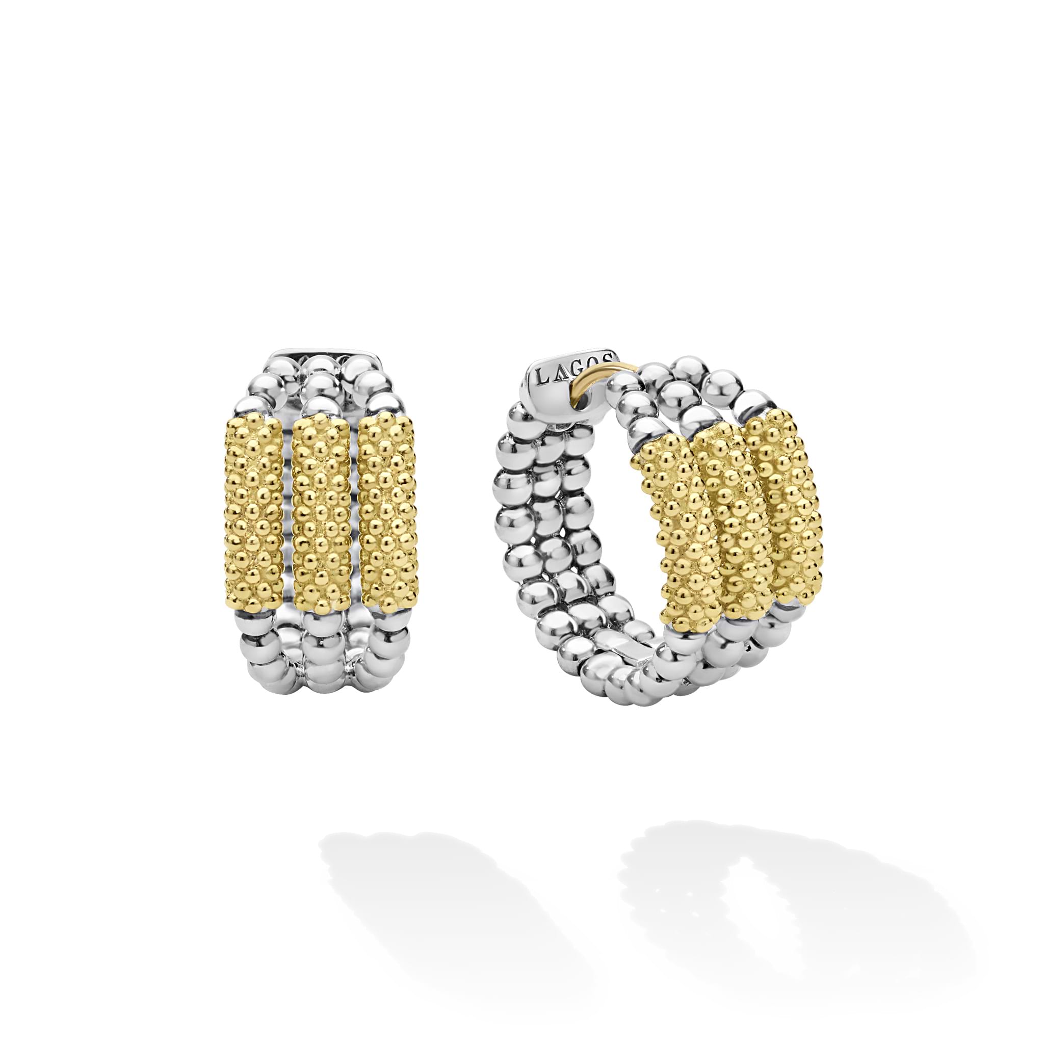 Caviar Icon Two-Tone Three Ring Caviar Gold Bar Huggie Earrings