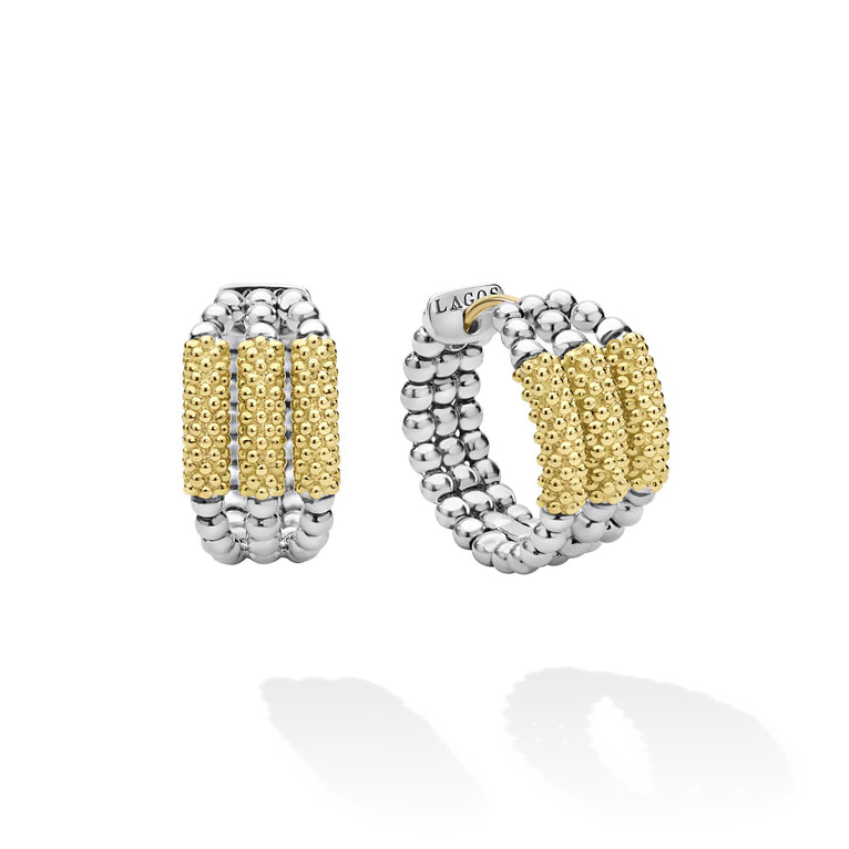 Caviar Icon Two-Tone Three Ring Caviar Gold Bar Huggie Earrings