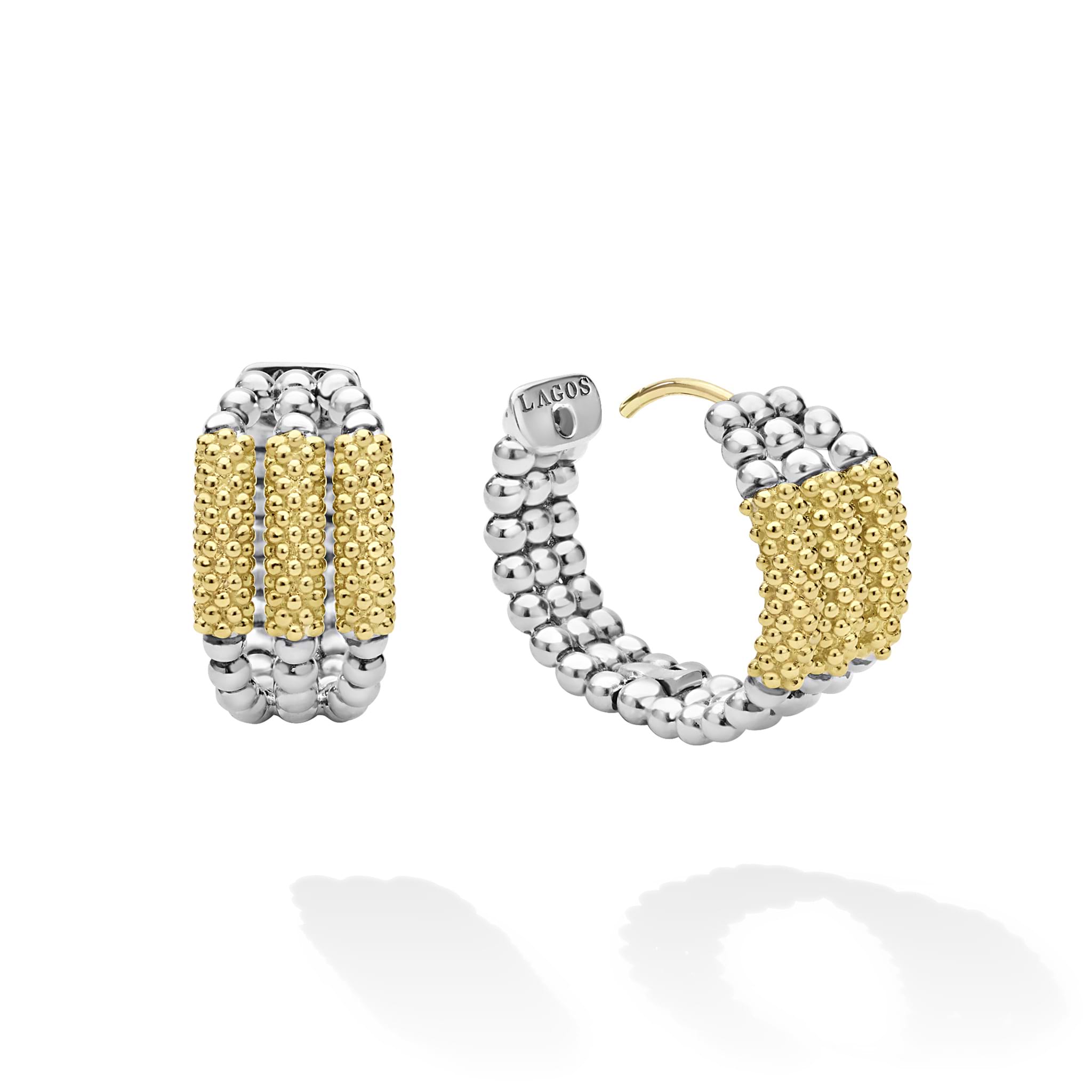 Caviar Icon Two-Tone Three Ring Caviar Gold Bar Huggie Earrings