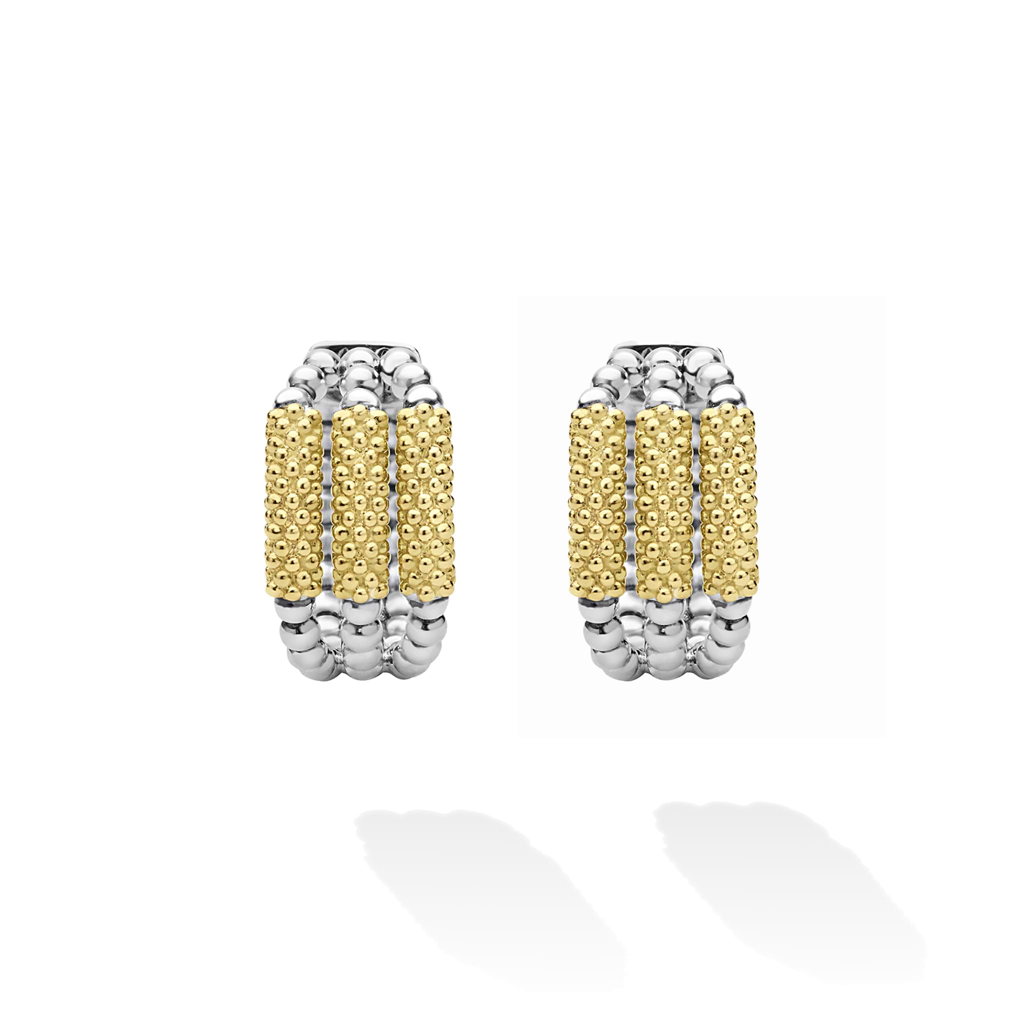 Caviar Icon Two-Tone Three Ring Caviar Gold Bar Huggie Earrings