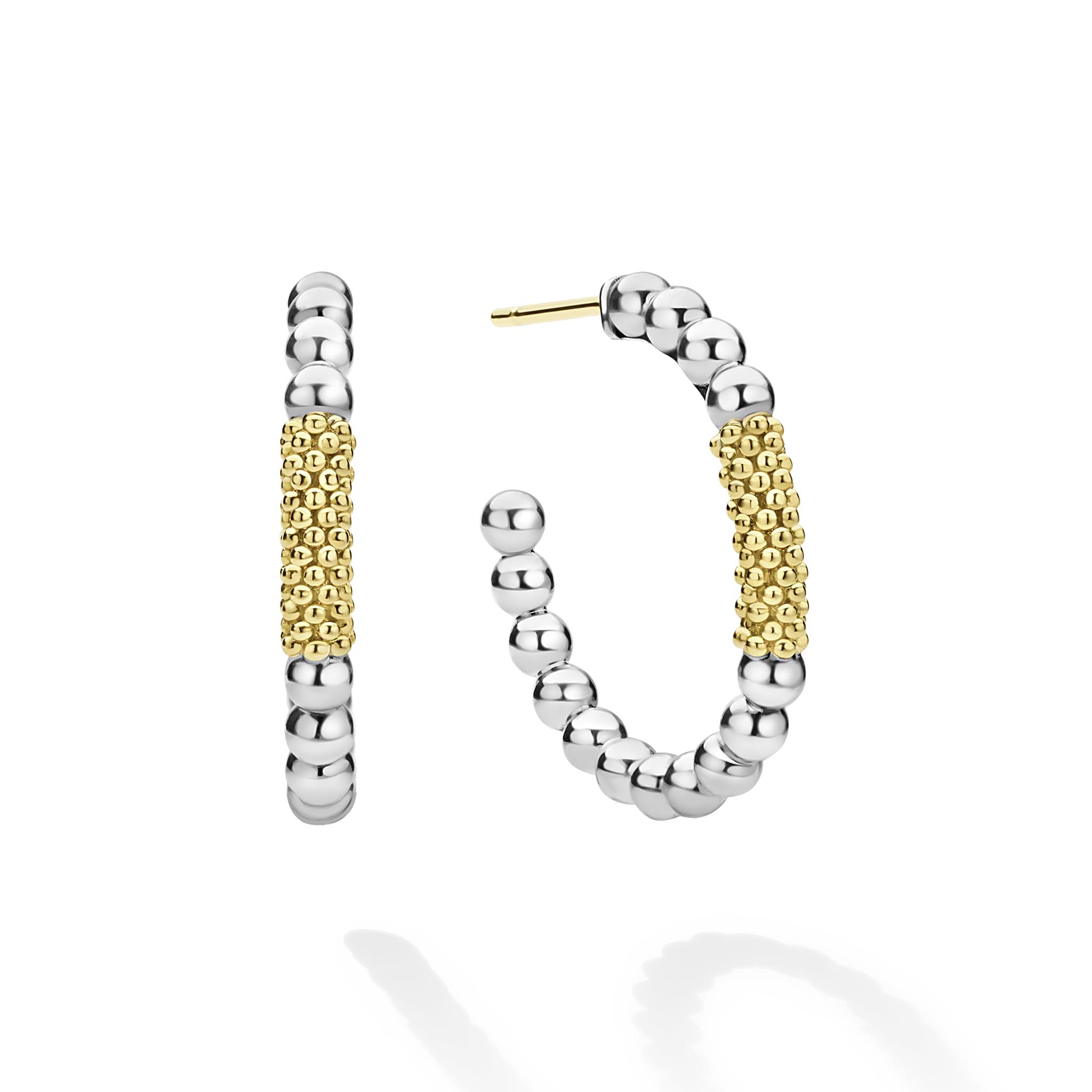 Front and side views of Caviar Icon Two-Toned Caviar Gold Bar Hoop Earrings