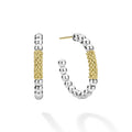 Front and side views of Caviar Icon Two-Toned Caviar Gold Bar Hoop Earrings