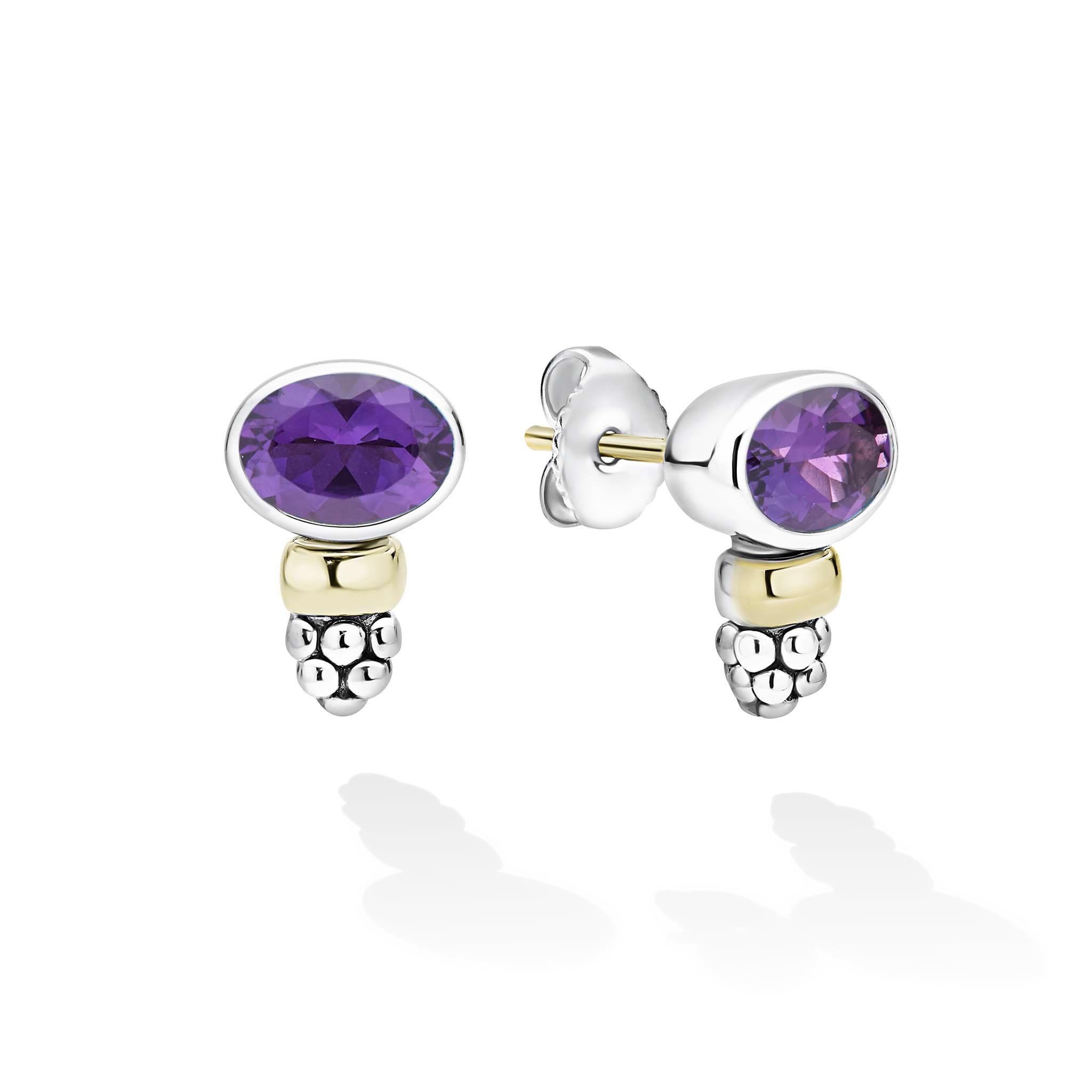 Signature Caviar Two-Tone Amethyst Oval Stud Earrings featuring oval purple gemstones set in sterling silver and 14K gold with caviar beading accents.