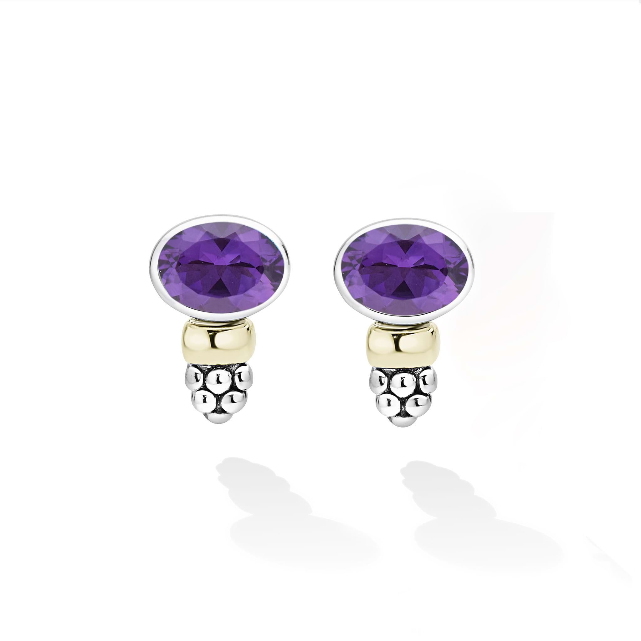 Signature Caviar Two-Tone Amethyst Oval Stud Earrings feature faceted purple gemstones set in sterling silver with 14K gold accents and caviar beading.
