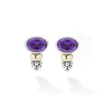 Signature Caviar Two-Tone Amethyst Oval Stud Earrings feature faceted purple gemstones set in sterling silver with 14K gold accents and caviar beading.