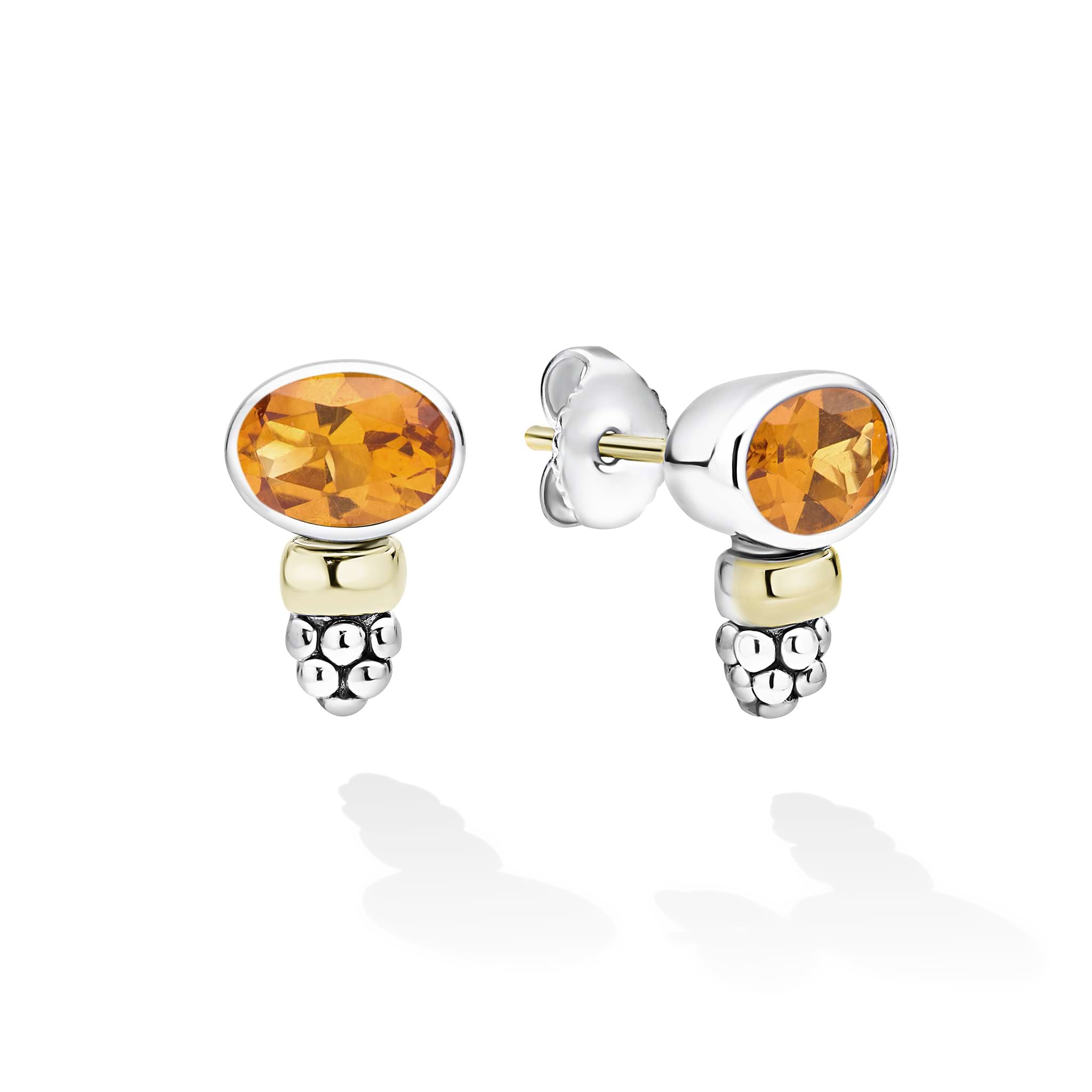 Signature Caviar Two-Tone Citrine Oval Stud Earrings featuring faceted citrine gemstones, sterling silver, 14K gold, and caviar beading, showcasing elegance and craftsmanship.