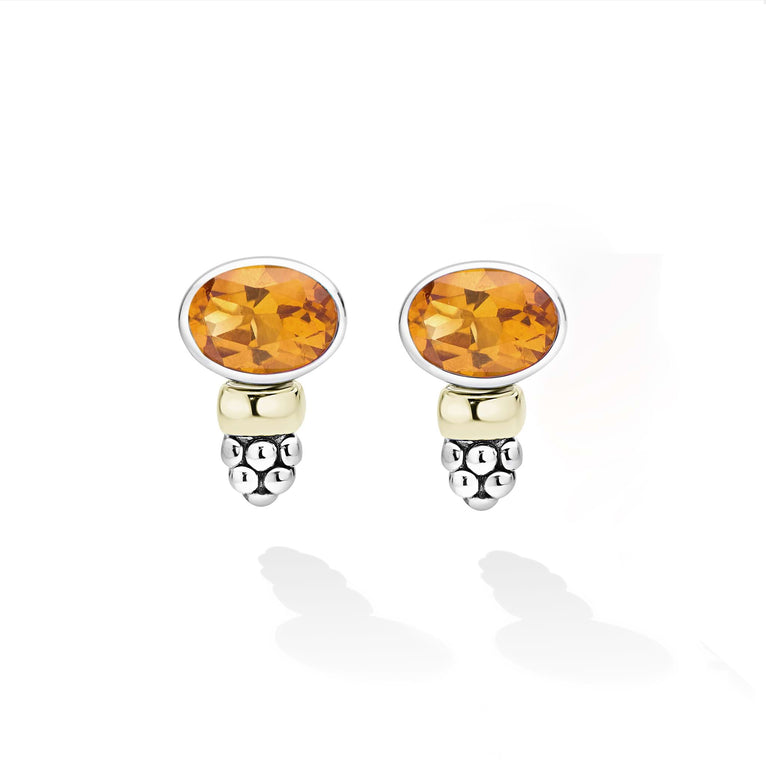 Signature Caviar Two-Tone Citrine Oval Stud Earrings feature faceted orange gemstones in sterling silver bezels, accented with 14K gold bead and caviar beading.