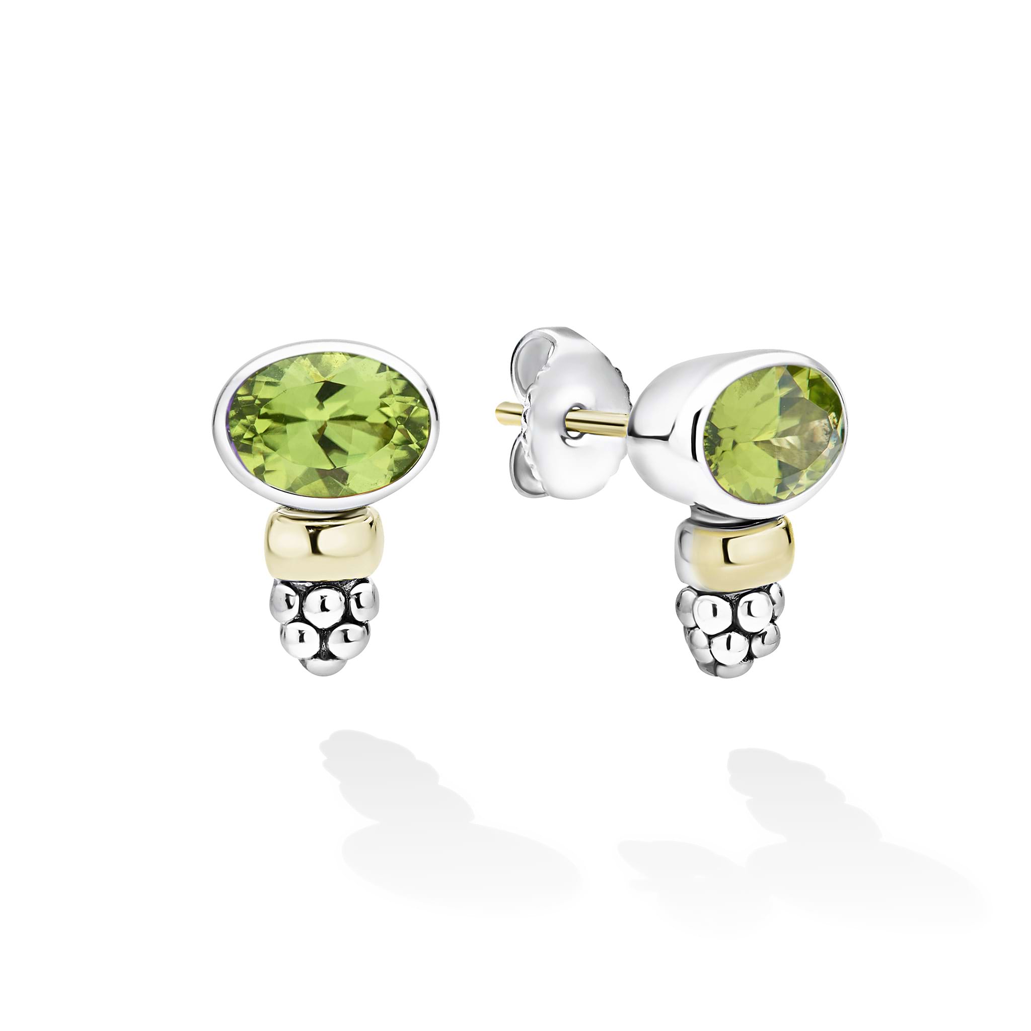 Signature Caviar Two-Tone Peridot Oval Stud Earrings feature faceted peridot stones in sterling silver, with 14K gold accents and caviar beading, offering elegance and versatility.