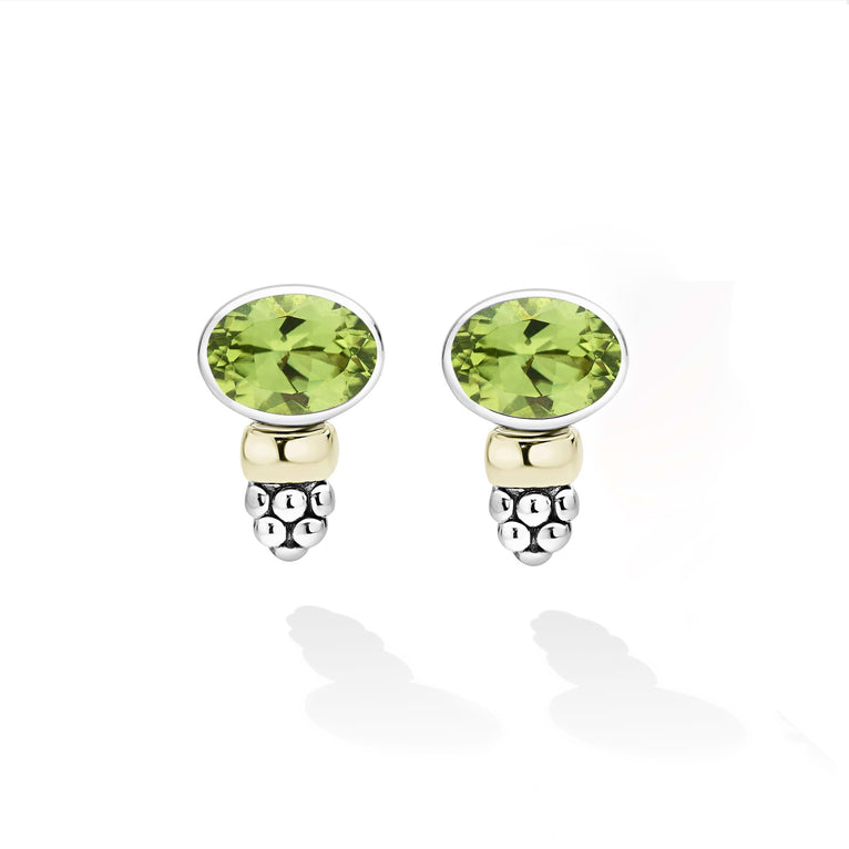 Signature Caviar Two-Tone Peridot Oval Stud Earrings featuring faceted peridot gemstones set in sterling silver with 14K gold accents and caviar beading details.