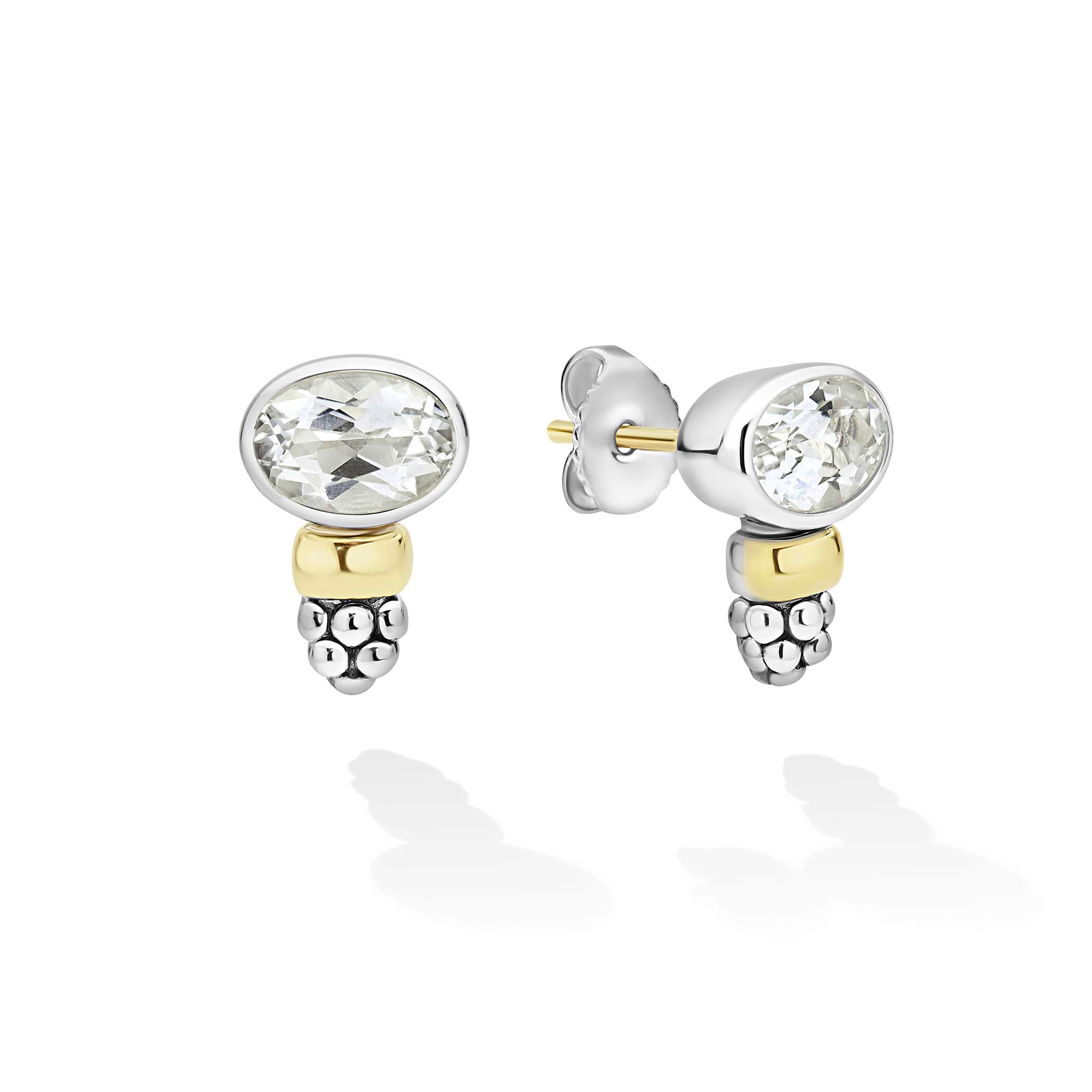 Signature Caviar Two-Tone White Topaz Oval Earrings with faceted gemstones, gold cylinders, and silver beads.