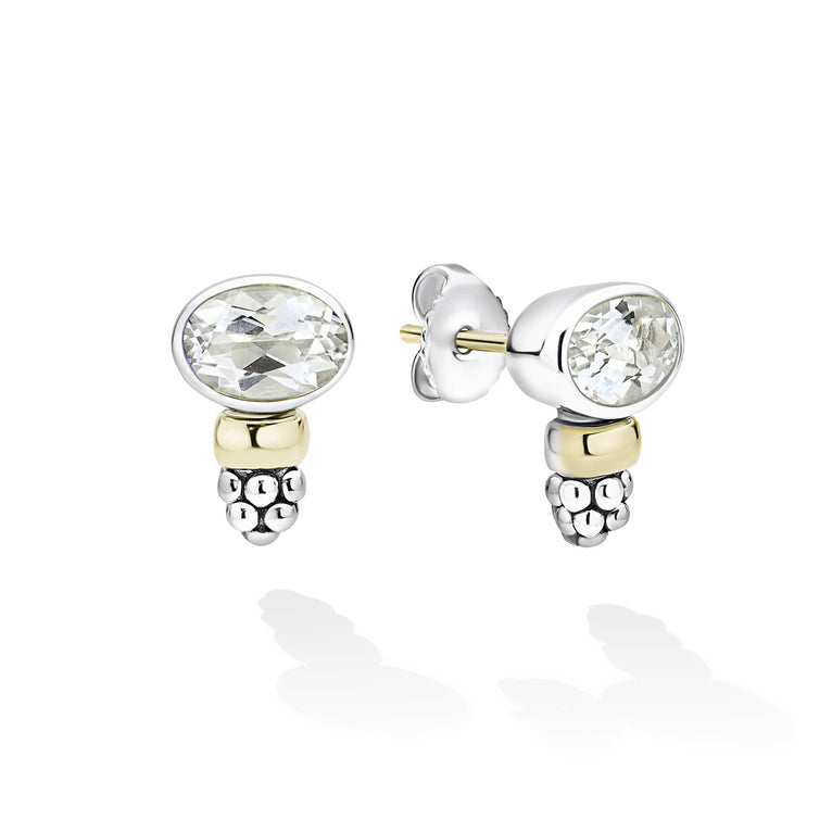 Signature Caviar Two-Tone White Topaz Oval Stud Earrings feature faceted stones in sterling silver with 14K gold caviar beading, offering versatile elegance.