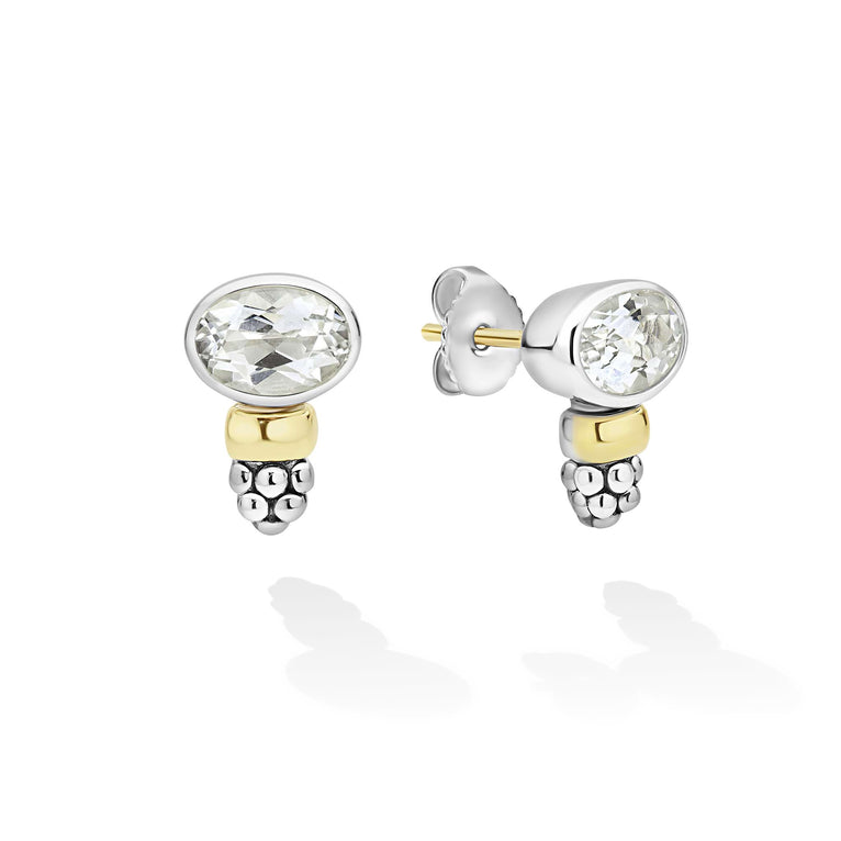 Signature Caviar Two-Tone White Topaz Oval Earrings with faceted gemstones, gold cylinders, and silver beads.
