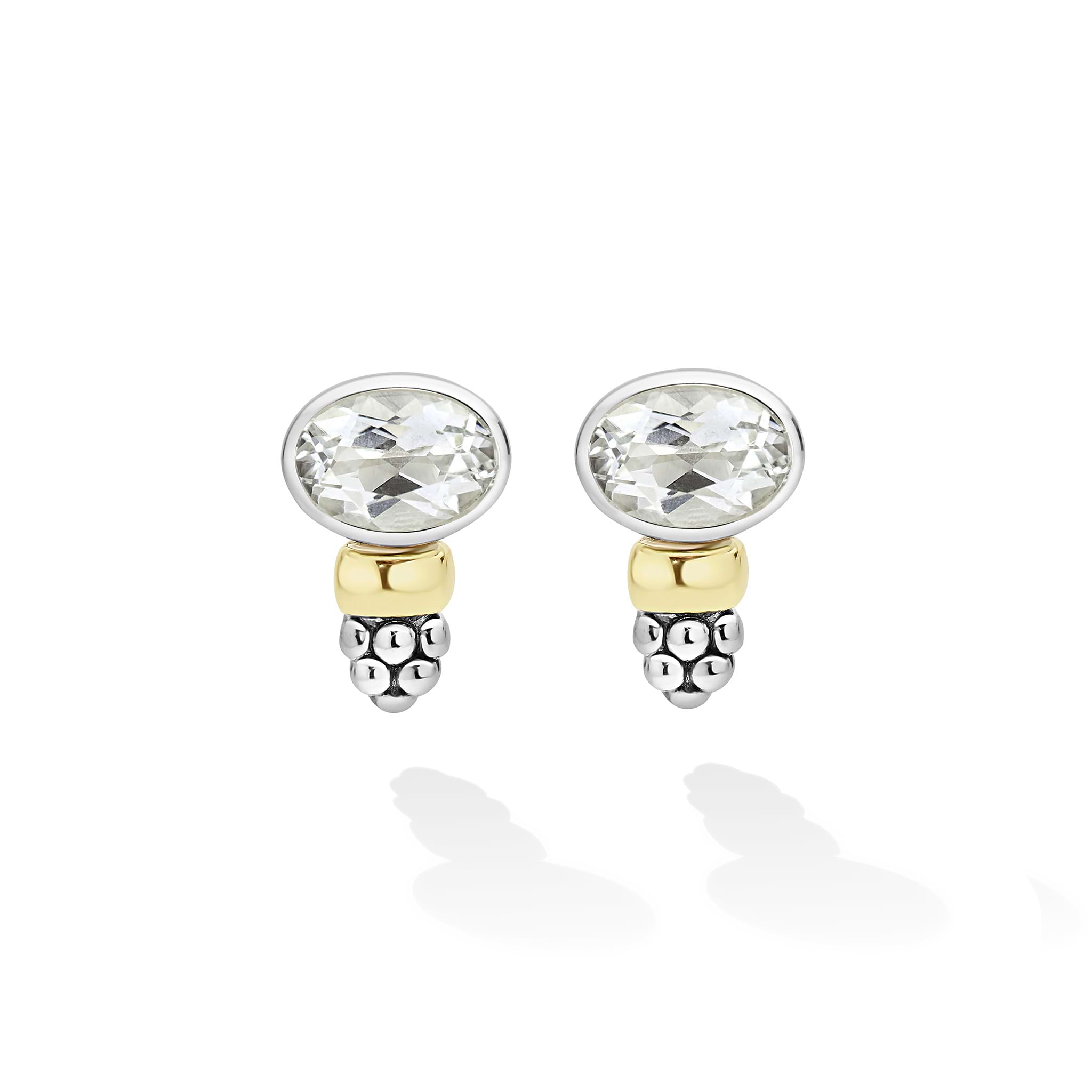 Signature Caviar Two-Tone White Topaz Oval Earrings featuring faceted stones set in silver bezels, small gold nuggets, and dangling silver beads, embodying elegant versatility.