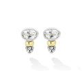 Signature Caviar Two-Tone White Topaz Oval Earrings featuring faceted stones set in silver bezels, small gold nuggets, and dangling silver beads, embodying elegant versatility.