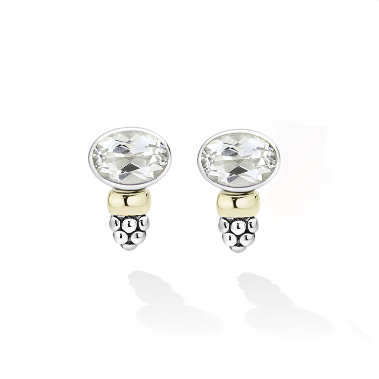 Signature Caviar Two-Tone White Topaz Oval Stud Earrings feature a faceted white topaz gemstone, 14K gold bead, and sterling silver caviar beading, showcasing elegant mixed-metal design.