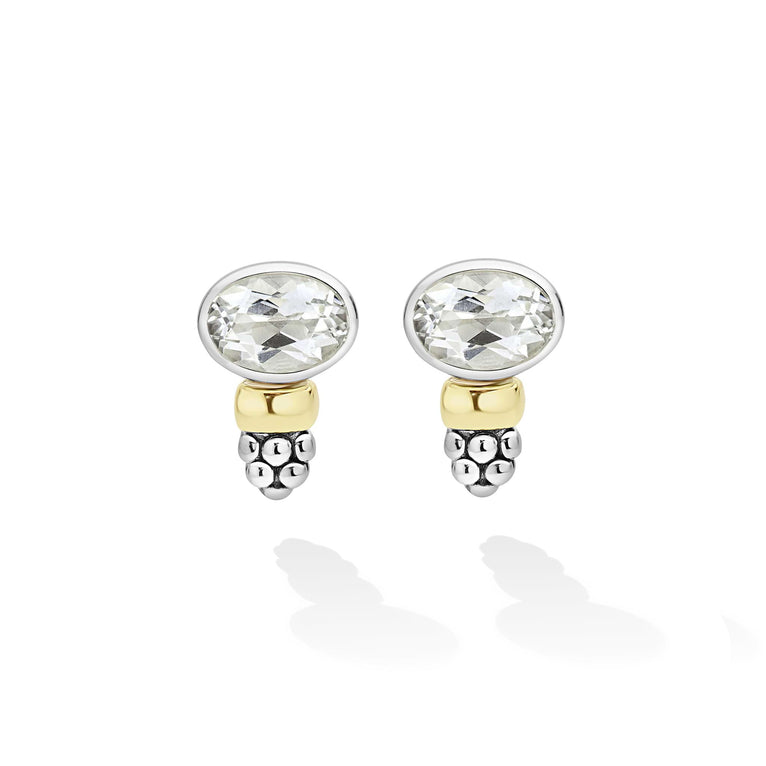 Signature Caviar Two-Tone White Topaz Oval Earrings featuring faceted stones set in silver bezels, small gold nuggets, and dangling silver beads, embodying elegant versatility.