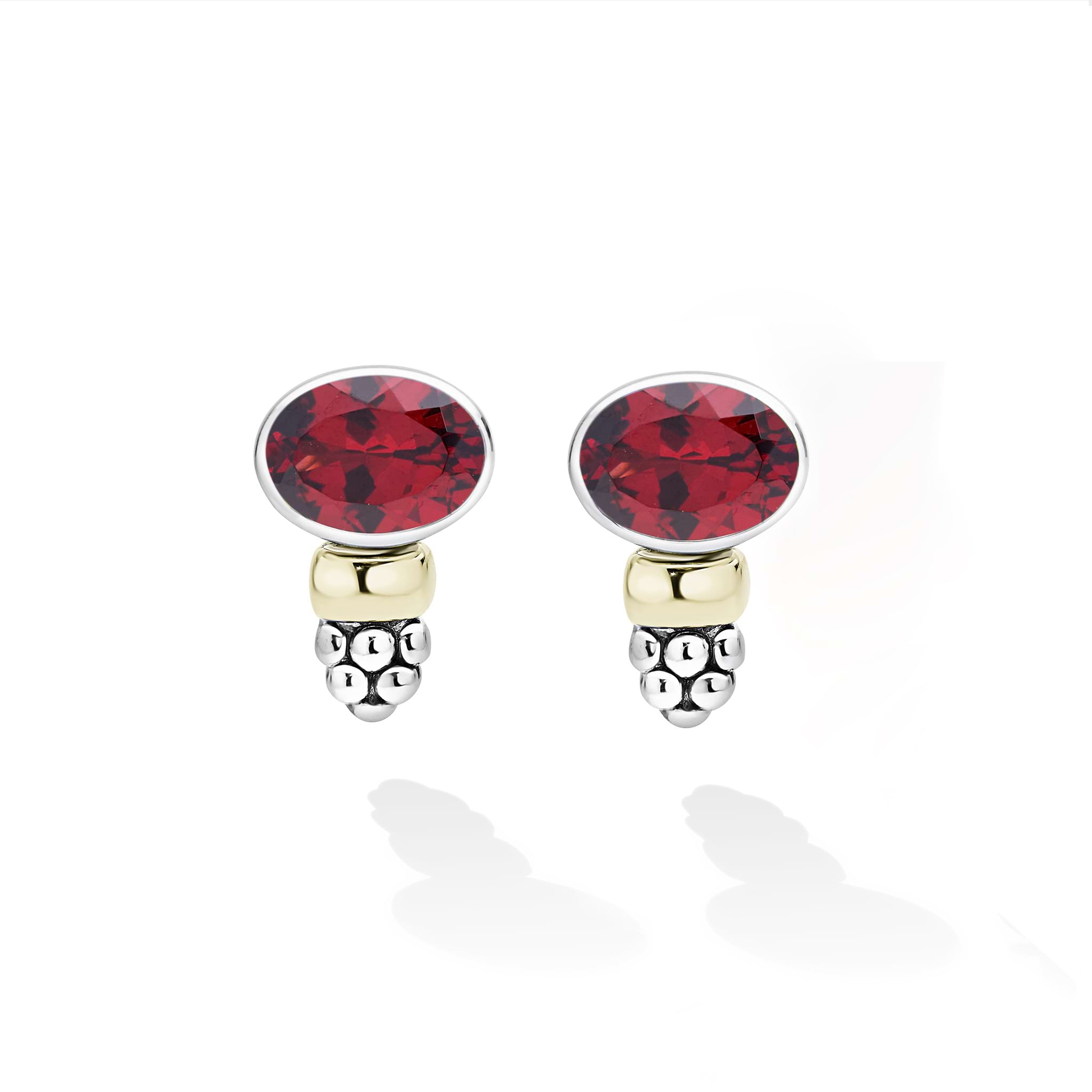 Signature Caviar Two-Tone Garnet Oval Stud Earrings with faceted garnet gemstones in sterling silver, 14K gold accents, and caviar beading for elegant versatility.