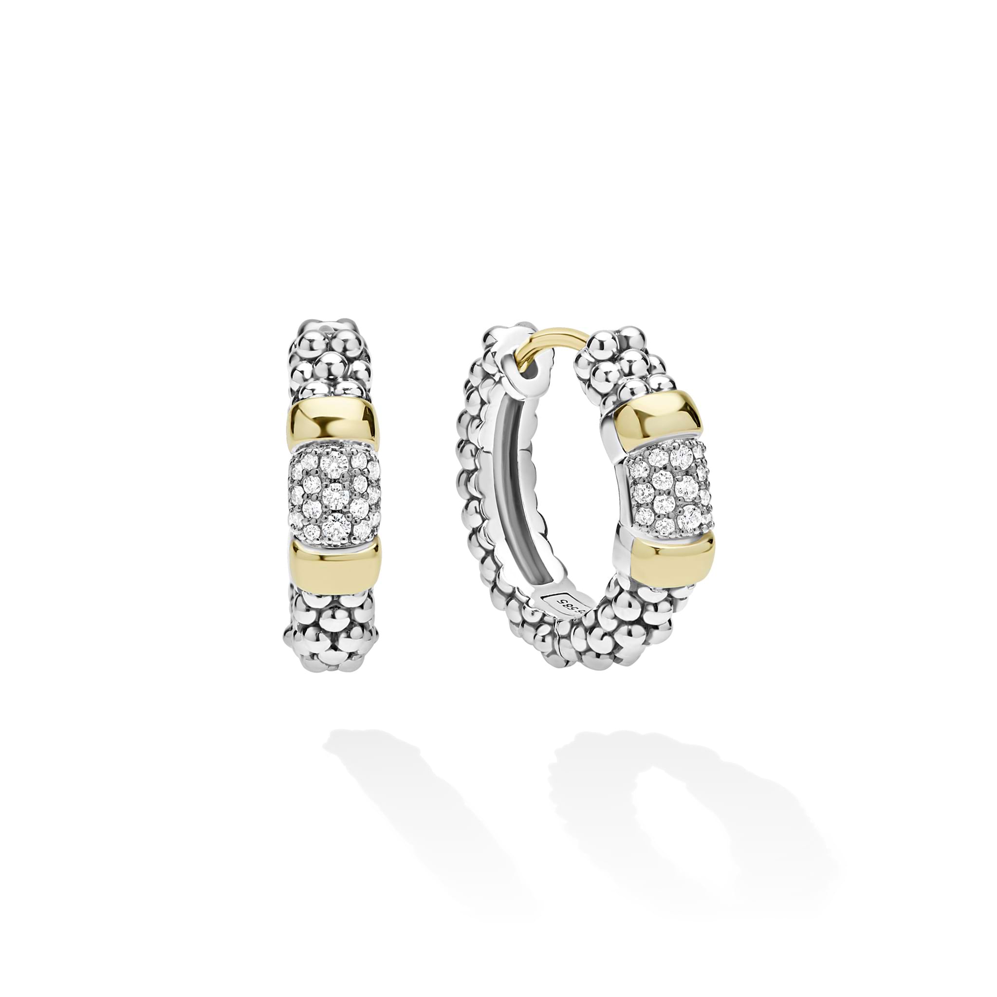 Signature Caviar Two-Tone Diamond Huggie Earrings featuring sterling silver granule beads, 14K gold accents, and pavé-set diamonds for an elegant, radiant look.