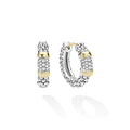 Signature Caviar Two-Tone Diamond Huggie Earrings featuring sterling silver granule beads, 14K gold accents, and pavé-set diamonds for an elegant, radiant look.