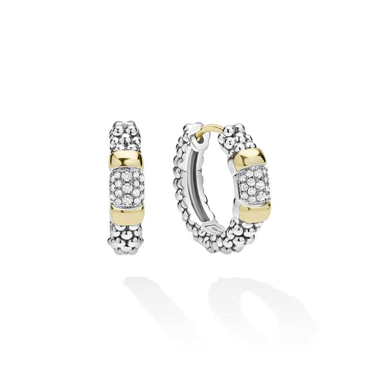 Signature Caviar Two-Tone Diamond Huggie Earrings featuring sterling silver granule beads, 14K gold accents, and pavé-set diamonds for an elegant, radiant look.