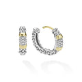 Signature Caviar Two-Tone Diamond Huggie Earrings feature sterling silver caviar beading with 14K gold sections, pavé-set with diamonds for a refined, luminous look.