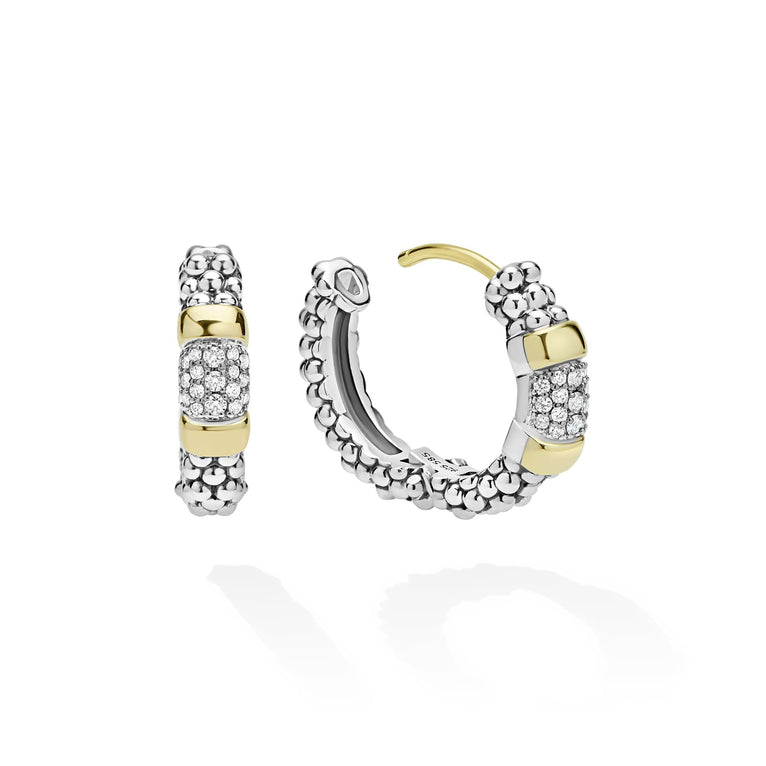 Signature Caviar Two-Tone Diamond Huggie Earrings feature sterling silver caviar beading with 14K gold sections, pavé-set with diamonds for a refined, luminous look.