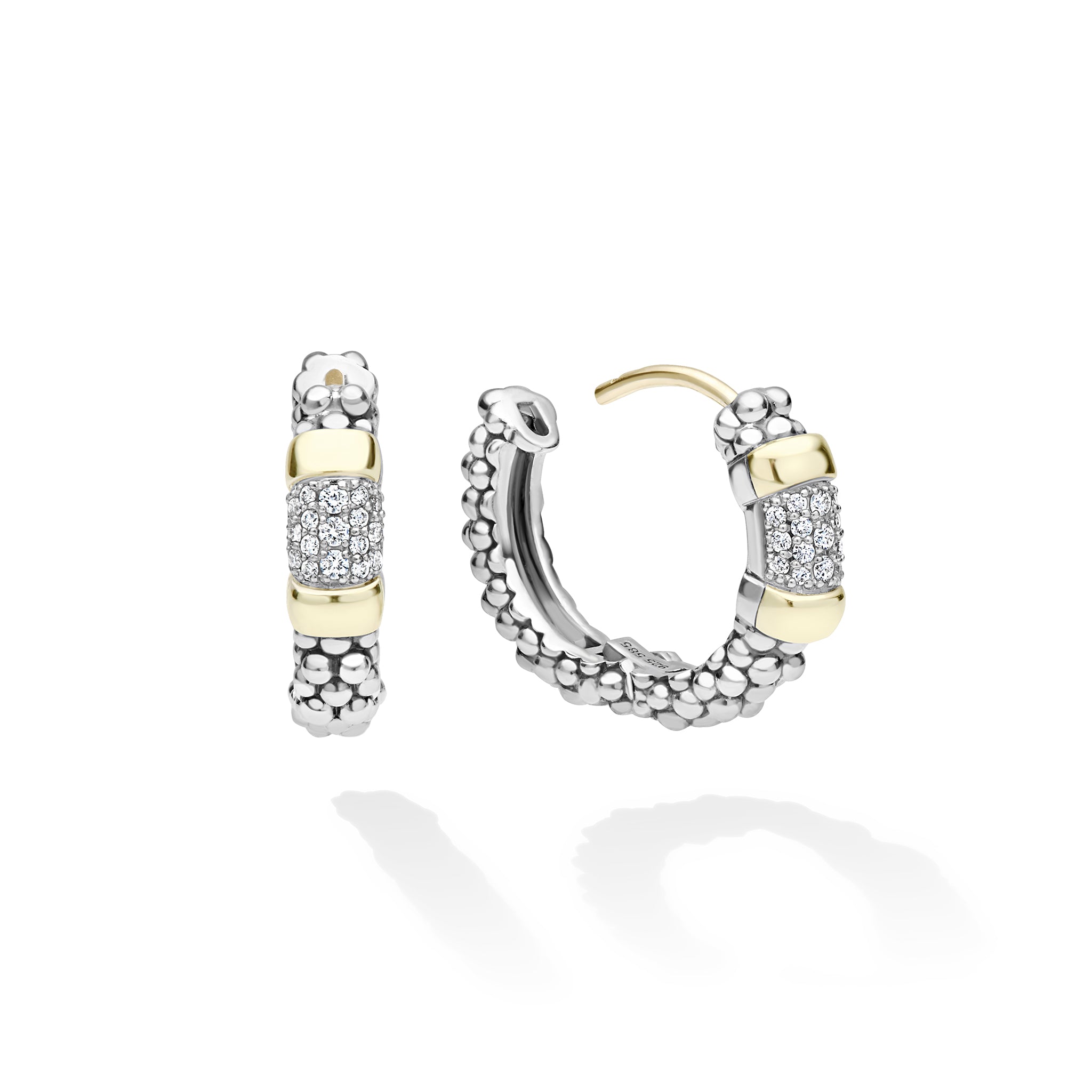 A pair of silver hoop earrings with textured beaded edges, rectangular pavé-set diamond stones, and gold accent bands, shown on a clean white background.