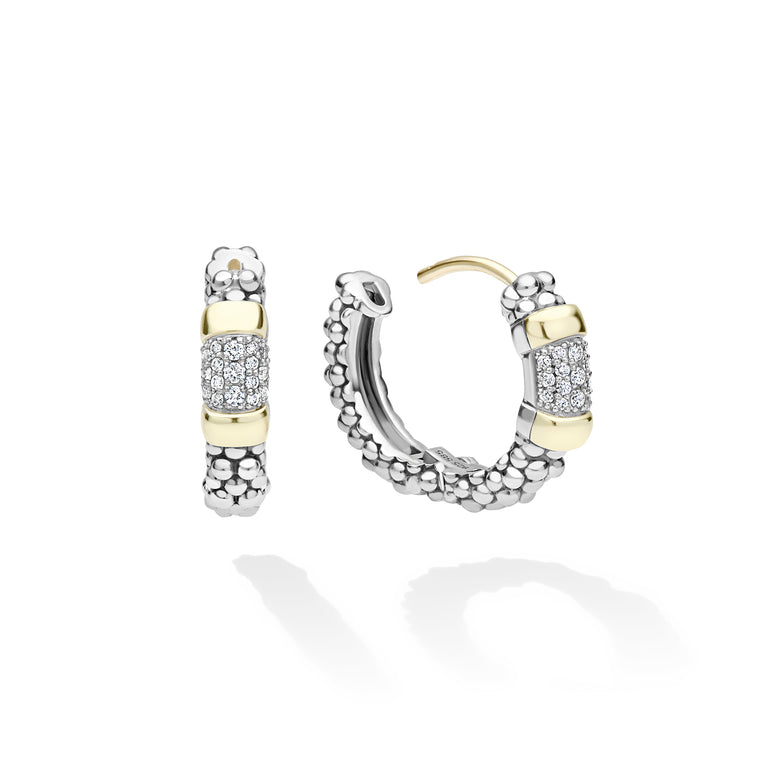 A pair of silver hoop earrings with textured beaded edges, rectangular pavé-set diamond stones, and gold accent bands, shown on a clean white background.