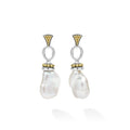 A pair of silver drop earrings featuring irregular white baroque pearls, accented with gold in triangular and circular settings, shown on a clean white background.