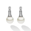 Luna Sterling Silver Pearl Drop Huggie Earrings featuring polished sterling silver hoops with triangular accents and round pearl drops, exuding classic elegance with modern flair.