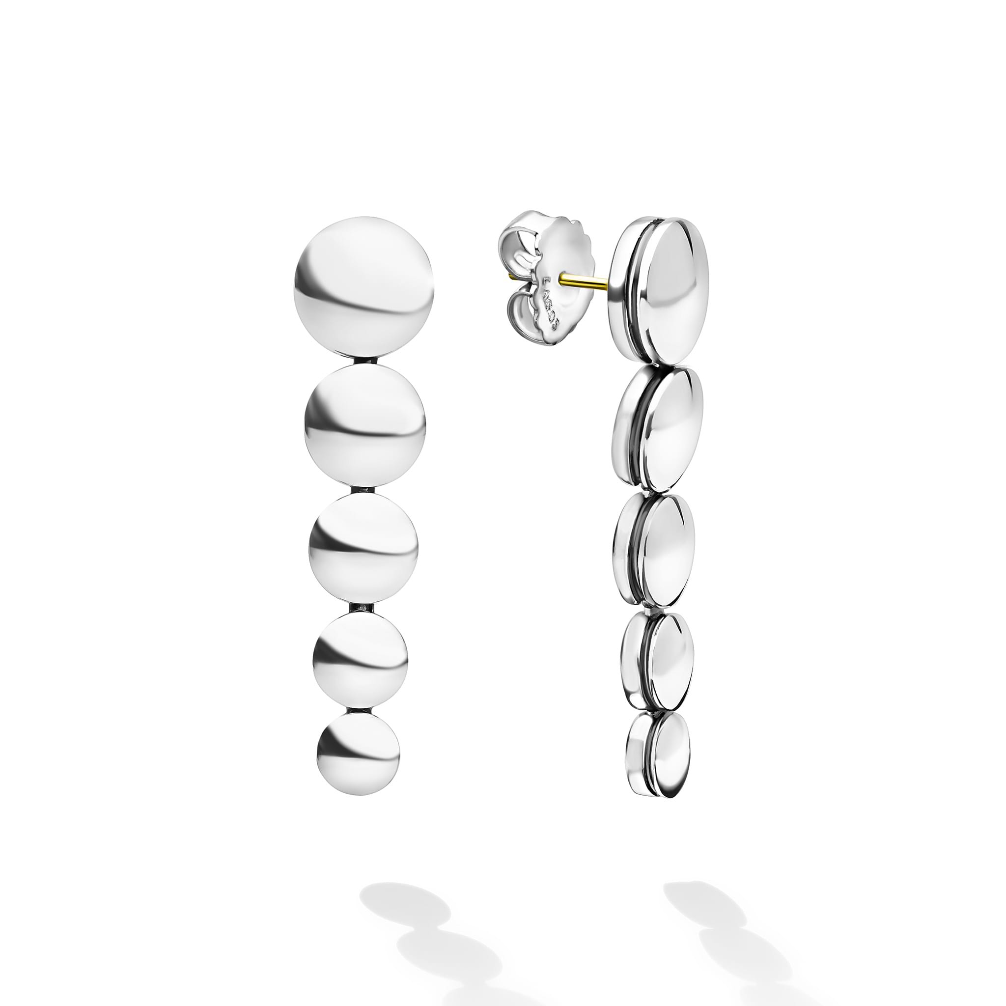 Caviar Bubbly Sterling Silver Disc Drop Earrings feature polished, stacked discs with secure 14K gold posts, showcasing elegant craftsmanship and modern sophistication.