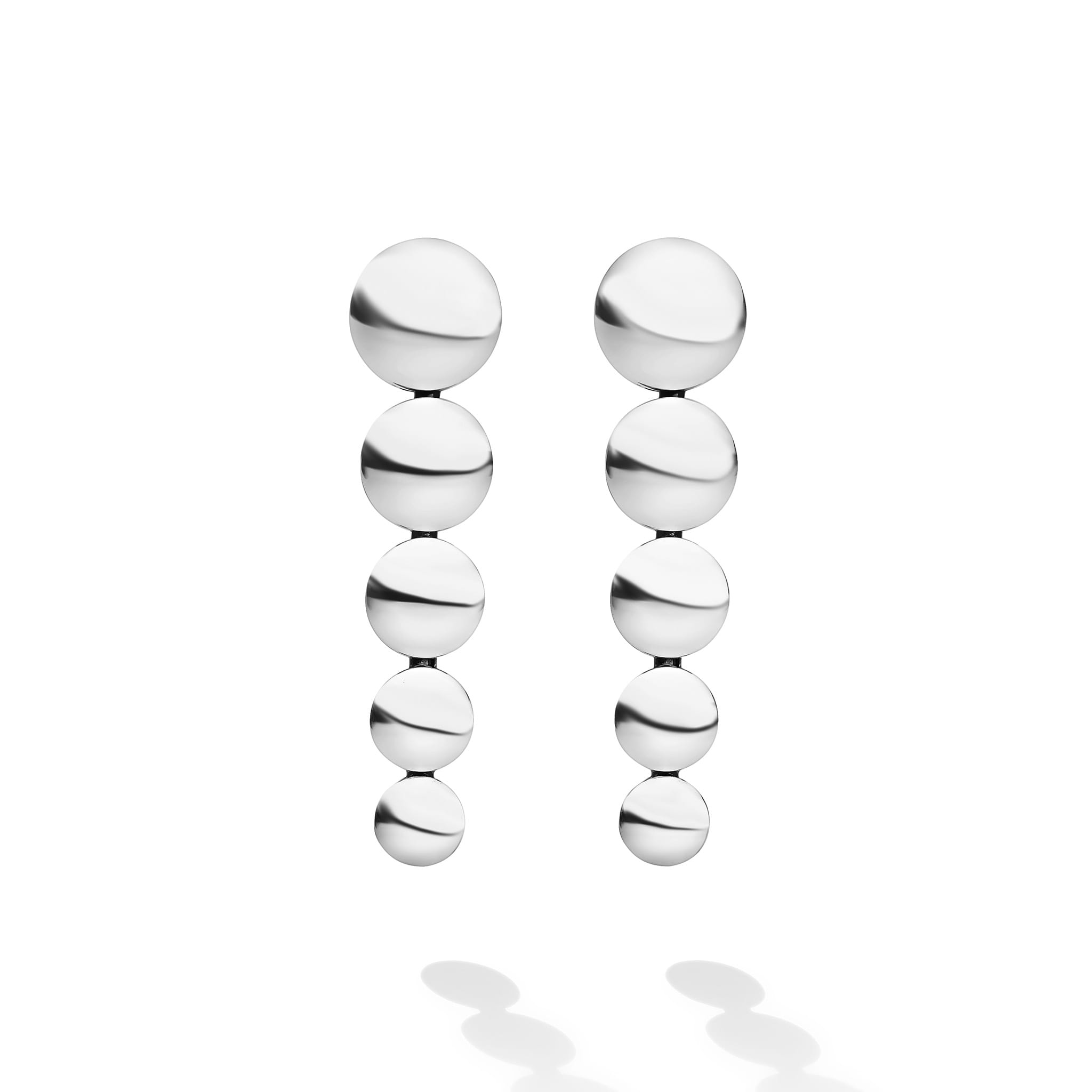 Caviar Bubbly Sterling Silver Disc Drop Earrings with polished silver discs and 14K gold posts, reflecting light elegantly on a white background.